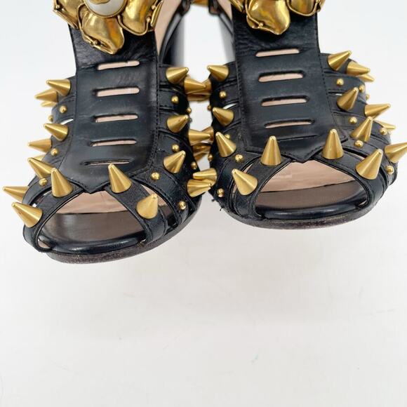 Gucci Black Leather Kendall Studded Pearl Embellished Cage Block Heels EU 39 - Picture 10 of 16